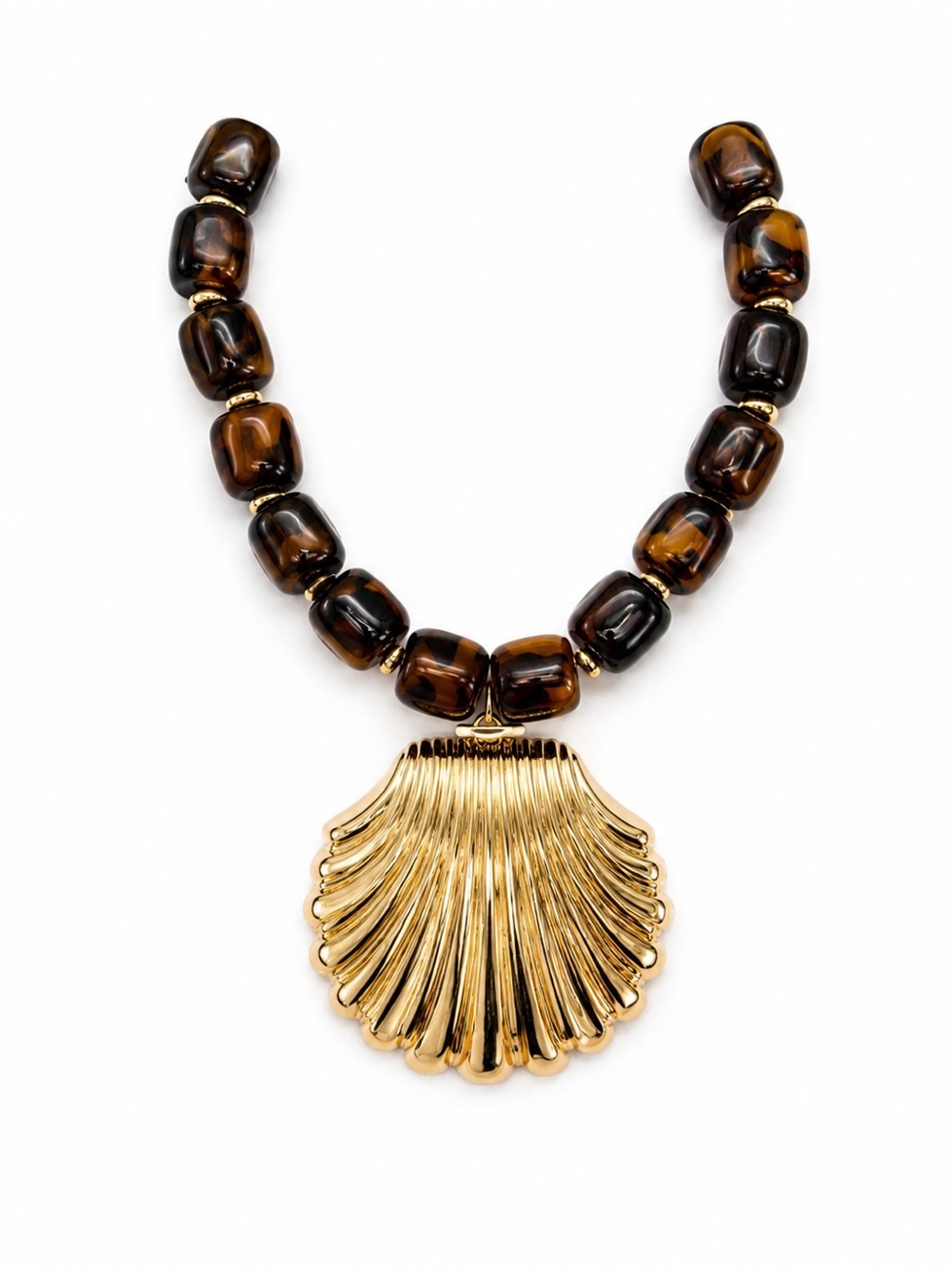 Gold Shell Pendant Necklace with Dark Brown Beads